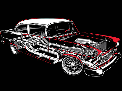 Cutaway apparel graphic automotive cutaway illustration rendering screenprint screenprinting vector