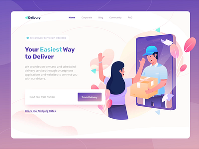 Delivury Header Landing Page app box character delivery delivery app delivery services flat gradient header illustration illustrator landing page package screen
