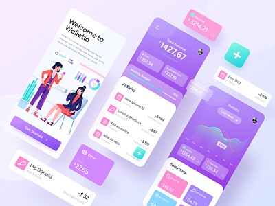 Walletio - Simple Wallet App 3d app bank character design finance flat illustration illustrations invest money screen ui wallet