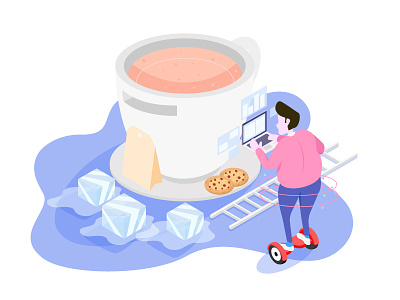 Debut - Settings The Cup of Tea 3d biscuit character character design cup hoverboard ice illustration isometric isometric illustration laptop tea