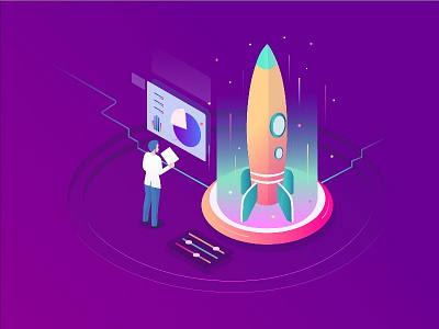 Launching Rocket 3d illustration isometric rocket screen system technician technology