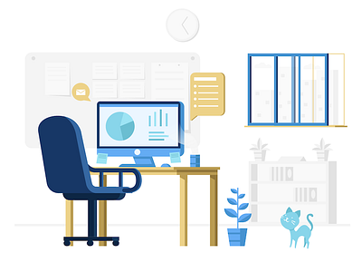 Workspace cat chair flat illustration monitor work workspace