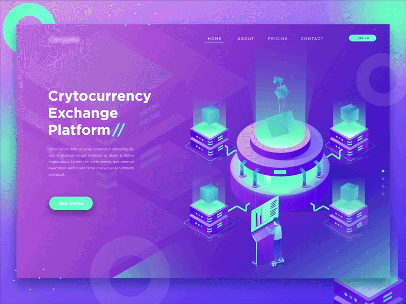 Cryptocurrency Exchange Platform Header animation bitcoin crypto header iluustration isometric landing page server stats