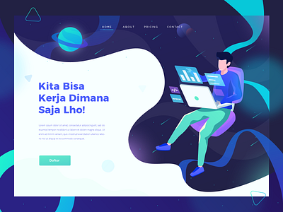 Work in Space Header character flat flat design flat illustration gradient illustration landing page space statistic