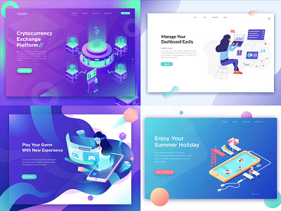 2018 gradient illustration isometric landing page laptop vector