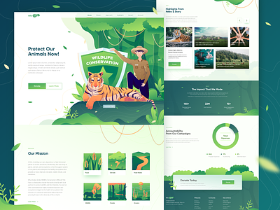 Animal Conservation Landing Page animal animal conservation character chart forest gallery green icon illustrations jungle landing page tiger tree ui