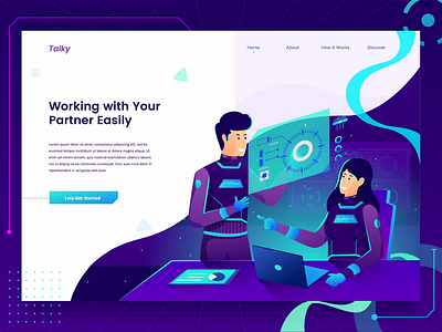 Team Discussion Landing Page Header analytic character discussion flat gradient illustration landing page laptop screen team teamwork