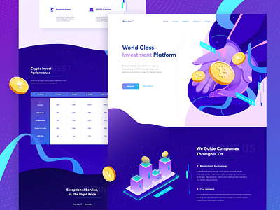 World Class Investment Platform - Landing Page bitcoin blockchain coin crypto cryptocurrency flat hand header illustration investment isometric landing page
