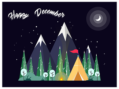 Happy December campfire colorful cute design illustration nature snow day snowfall tent typography vector