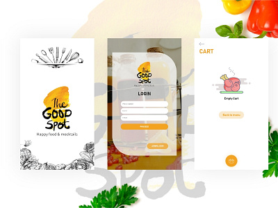 Good Spot Food Ordering app design add to cart calendar cards empty filters food landing onboarding page profile search tracking