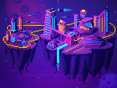 Pixel art Futuristic Cyber Punk Floating City