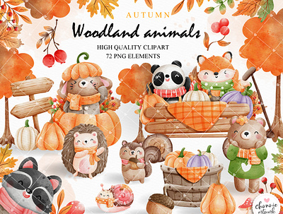 Autumn woodland animal pumpkin clipart