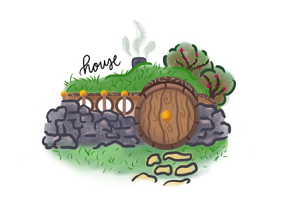 inktober day6: house bush grass hobbit house inktober rocks smoke