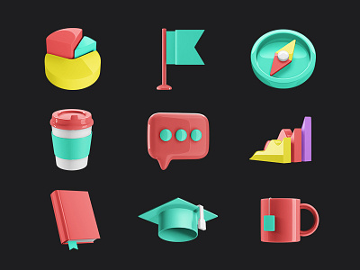 Business icons 3d book bubble business coffee compass cup design flag graphic graphic design icons illustration message object tea ui university