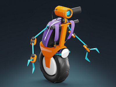First robot 3d backpack bright camera game headlamp lens object orange render robot unicycle
