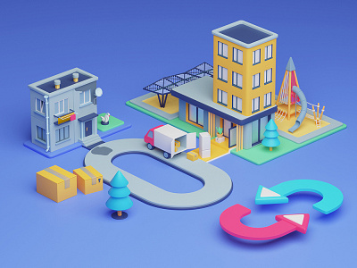 Apartment exchange 3d apartment app blue business illustration moving object realtor web webdesign