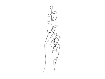 Hand holding leaf abstract vector line drawing illustration