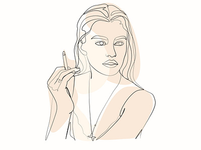 Young woman smoking cigarette line drawing illustration