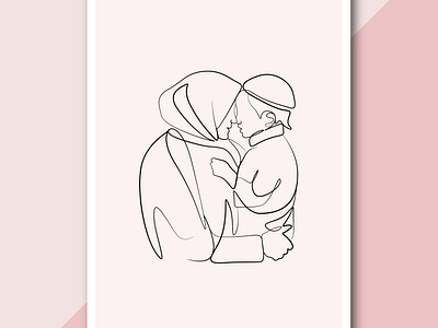 Mother with hijab holding her baby abstract line drawing