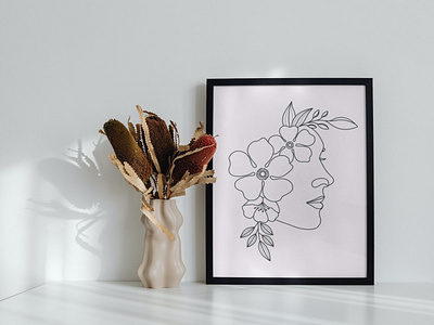 Woman head with flowers linear drawing