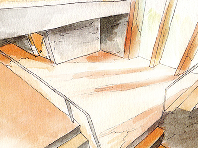 A quick 3-point-perspective architecture perspective room watercolor