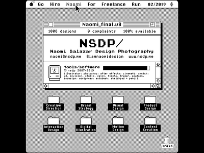 available_for_freelance_✔ 1980s 8bit apple brand strategy content creation digital illustration freelance illustrator cc interaction design macintosh monochrome motion design pixel art product design system7 vintage computer visual design