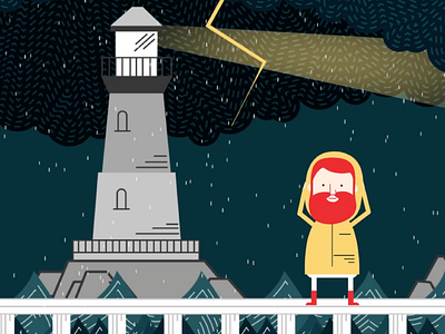 Dockwa beard character dock human lighthouse lightning ocean rain rain coat sailer sailing storm