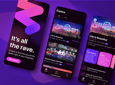 Festival app app app design app esign branding concert dark mode design event festival gradient live event mobile app music neon party pink purple rave ui design ux design
