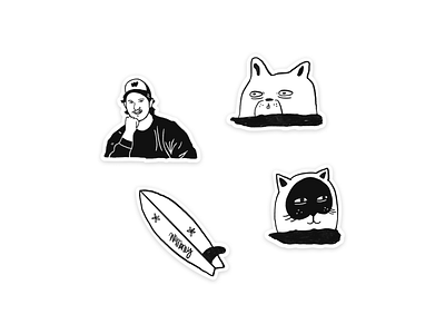 Stickers animals black and white cat doodles greyscale hand drawn illos illustration ink procreate rabbit stickers surf surfboard