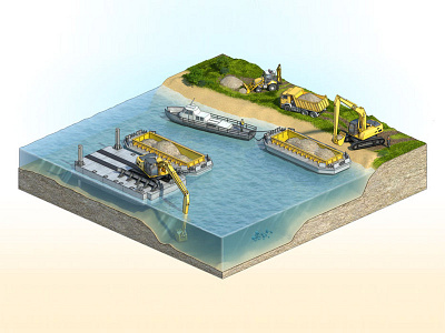 3d isometric river works scheme 3d aerial aerial view boat engineering illustration isometric isometry lake landscape render river ship technology water