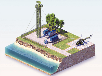 3d isometric radar station 3d aerial aerial view cliff coast design engineering helicopter illustration isometric isometry landscape military radar render technology water