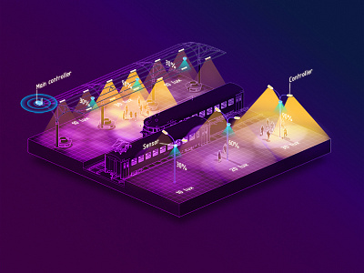 3d isometric railway station lighting scheme 3d aerial aerial view design engineering illustration isometric isometry landscape light night railroad render station technology train