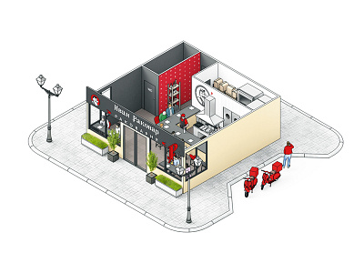 3d isometric restaurant S-version 3d aerial view architecture city design fastfood franchise illustration interior isometric isometry render restaurant section