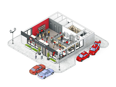 3d isometric restaurant L-version 3d aerial aerial view design fastfood illustration interior isometric isometry render