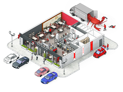 3d isometric seafood restaurant R-version 3d aerial aerial view design fastfood illustration interior isometric isometry line art render restaurant seafood
