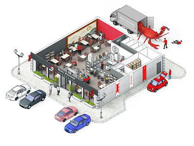 3d isometric seafood restaurant R-version