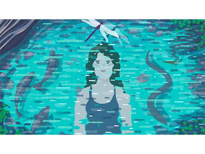 Swimming in the Wild Will Change You. adobe illustrator adobe photoshop blue boulder stone dragonfly editorial eel fish girl heron illustration illustrator nature reflection ripple river rocks swimming water woman