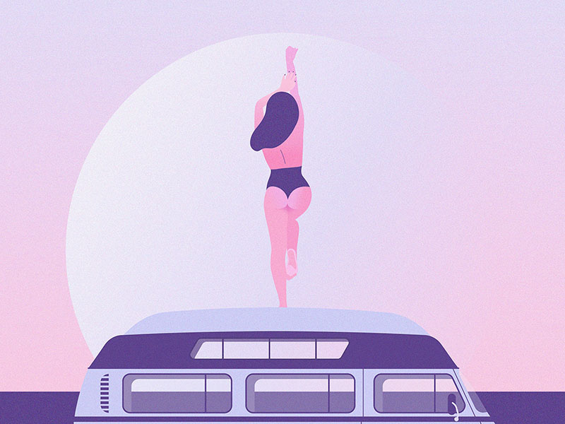 Manifestation moon sunset ocean bikini beach van girl texture violet grain pink illustrator illustration