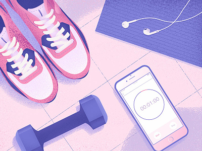 Morning Routine dumbbell fitness grain grainy illustration illustrator olga hashim pink purple sneakers texture workout