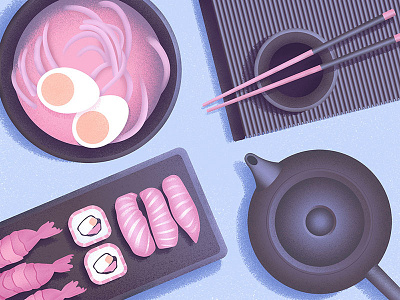 Dinner blue dinner food grain grainy illustration illustrator pink purple sushi teapot texture