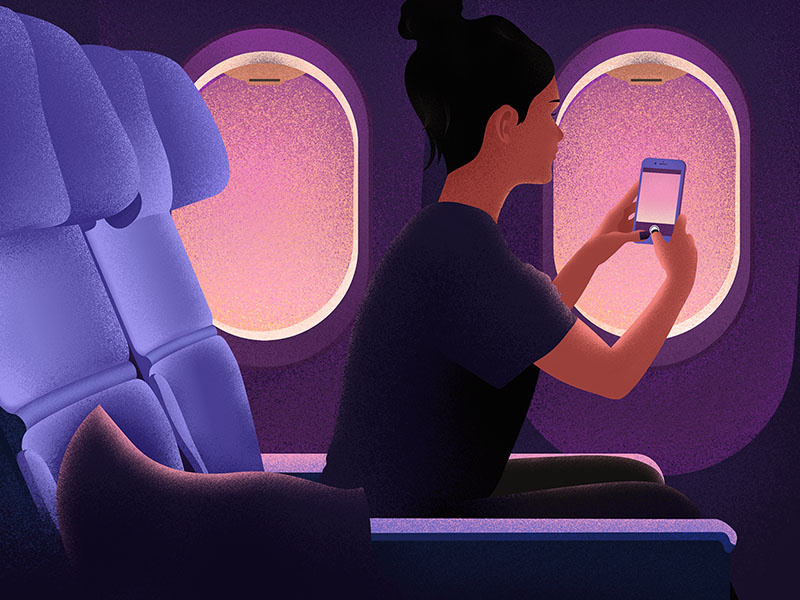 Flight phone trip girl flight sunset grainy texture purple grain plane illustrator illustration