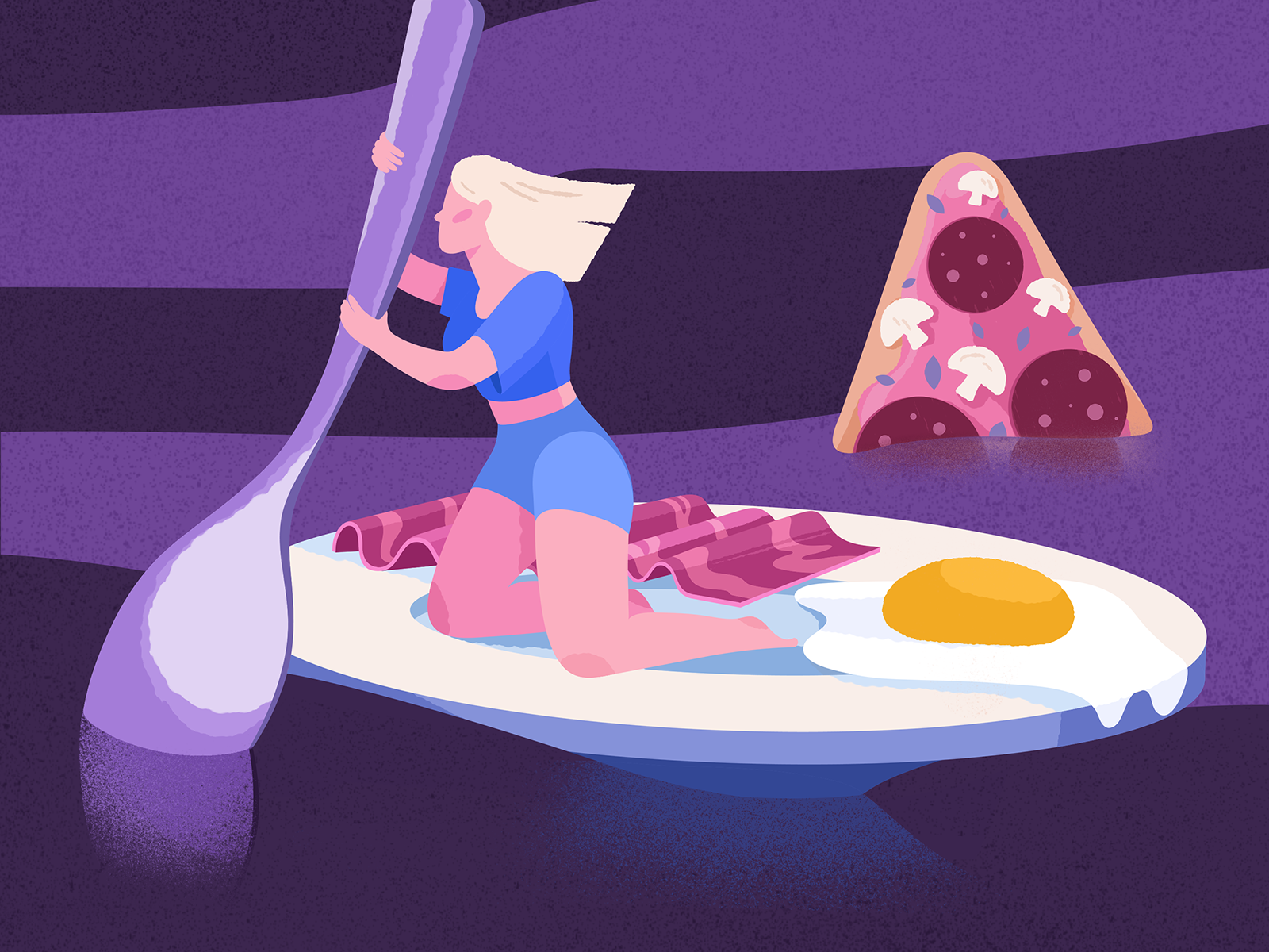 Our Food Choices Impact Global Warming. adobe illustrator adobe photoshop blue design inspiration enviroment fried egg girl global warming grain grainy illustration illustrator mindfulness olga hashim pink pizza plate purple spoon texture
