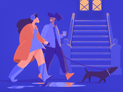 Walk adobe illustrator adobe photoshop blue dog door friends girl grain illustration illustrator light night orange puddle stairs street texture walk yellow