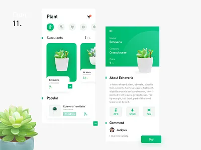 Plant selection app card design green icon interface plant shopper shopping app succulent plants ui