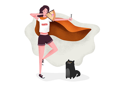 Self-portrait girl cat cloak fan girl illustration orange phone selfie yellow