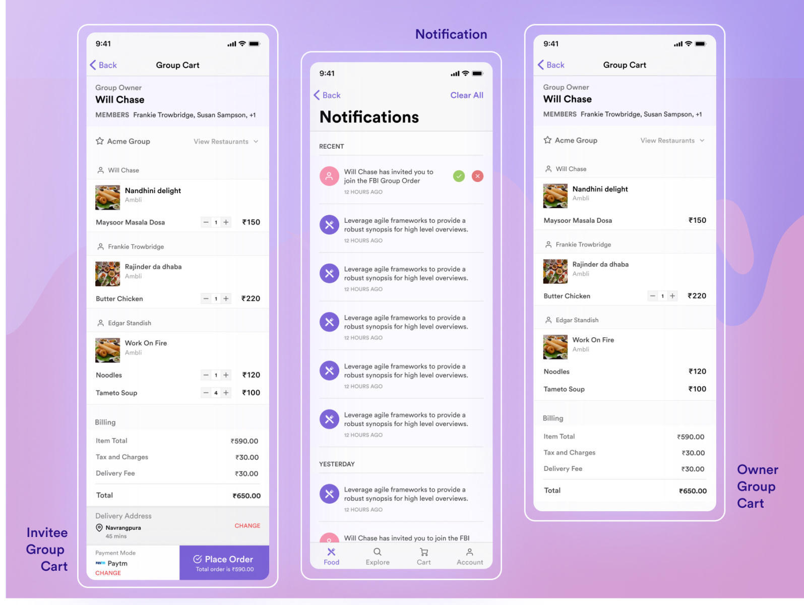 Online Food Delivery app Notification, Invitee and Owner Screen by