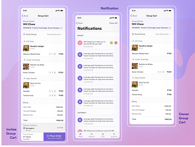 Online Food Delivery app- Notification, Invitee and Owner Screen card cardlayout cart chat chat app ecommerce food foodapp groupchat invitee iosapp design minimal minimalist mobile app notifications uidesign