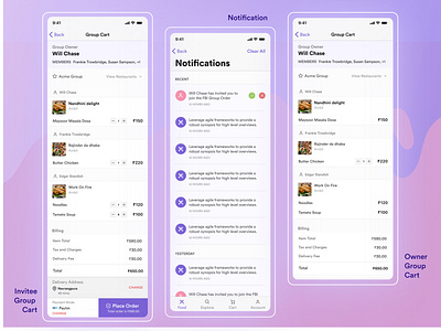 Online Food Delivery app- Notification, Invitee and Owner Screen