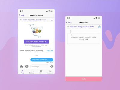 Online Food Delivery app- Chat System & Group Chat Screen bottomtabbar chat app chat bot chat bubble ecommerce foodapp groupcart groupchat invite invites pink purple resturant tab