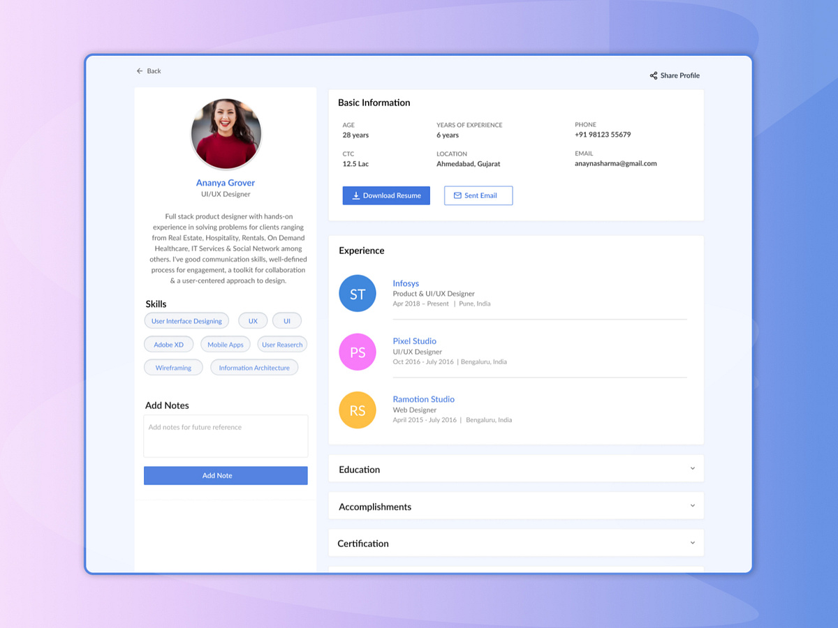 User Profile for Job Portal by Navna Panjabi on Dribbble